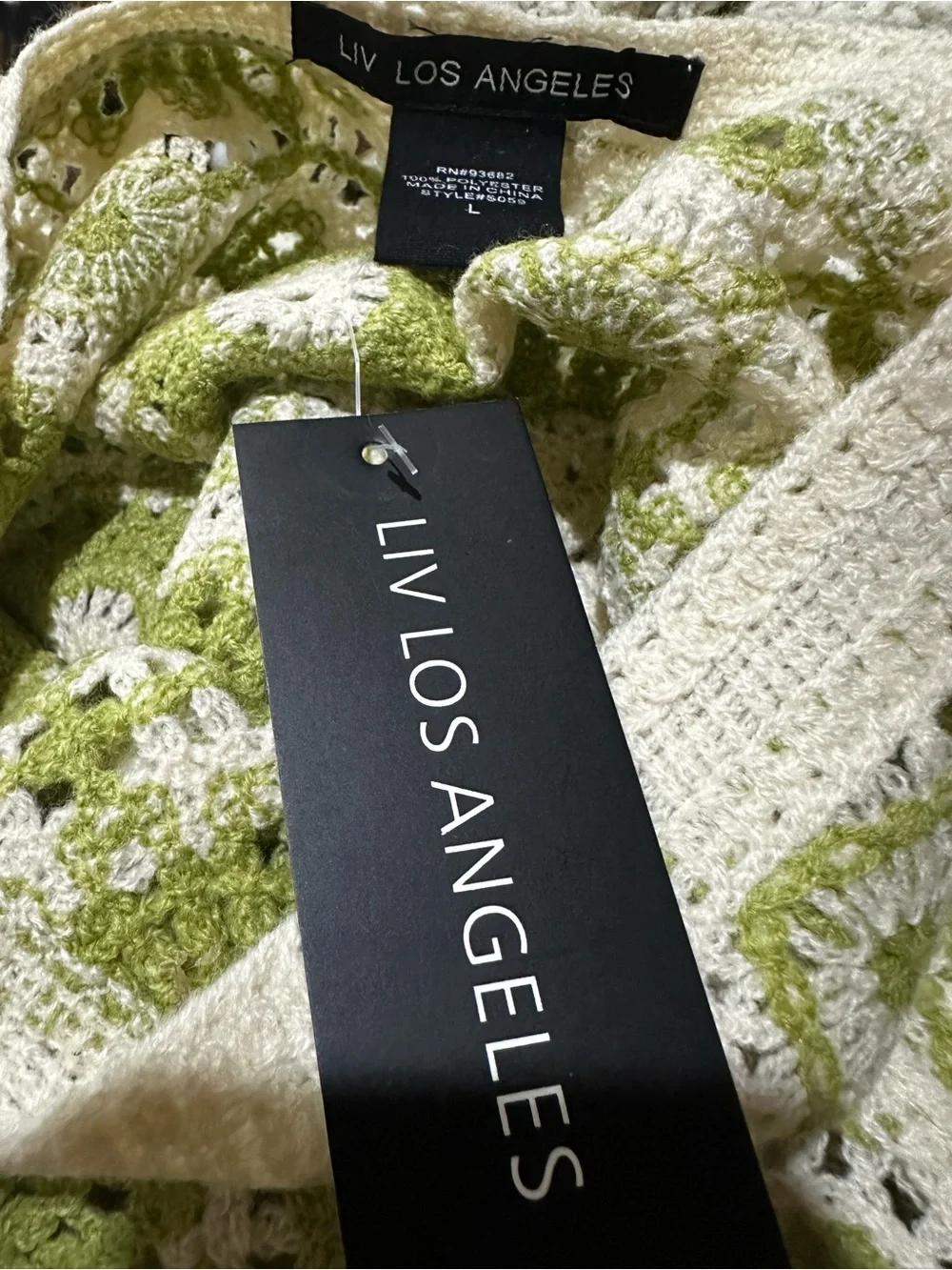LIV LOS ANGELES Olive Green & Cream Crochet Vest - Size L